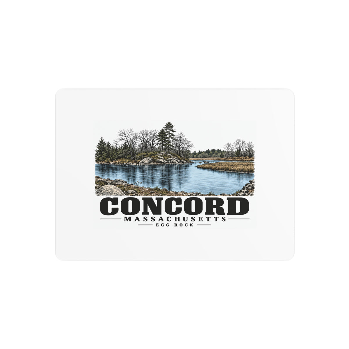 Illustrated Egg Rock in Concord on metal art sign