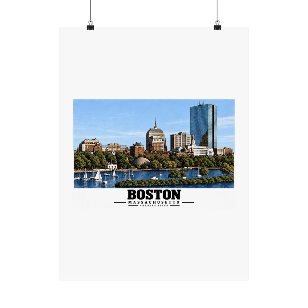 Illustrated St. Charles River view of Boston, Massachusetts in Boston and Cambridge on unframed matte poster