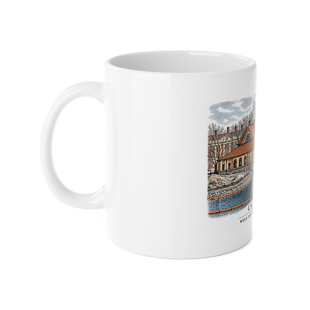 Weld Boathouse, 971 Memorial Drive, beside Anderson Bridge 11 oz White Ceramic Mug - Charles River