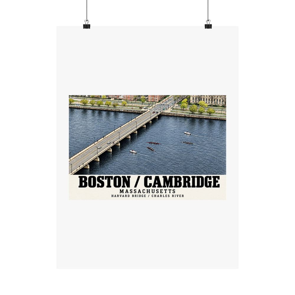 Harvard Bridge aerial view with scullers on the Charles River poster with Boston/Cambridge lettering hanging from two binder clips