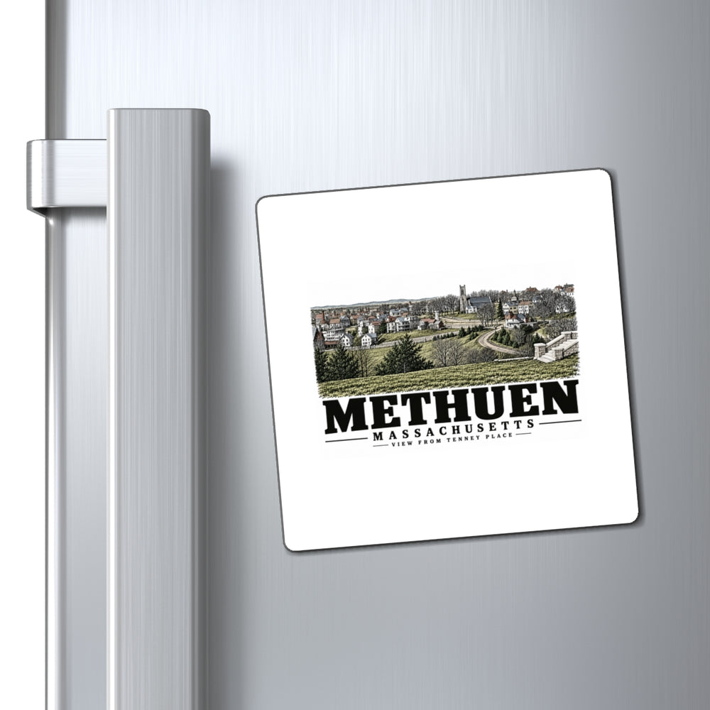 Refrigerator display of View from Tenney Place square magnet, with Methuen, Massachusetts artwork and lettering.
