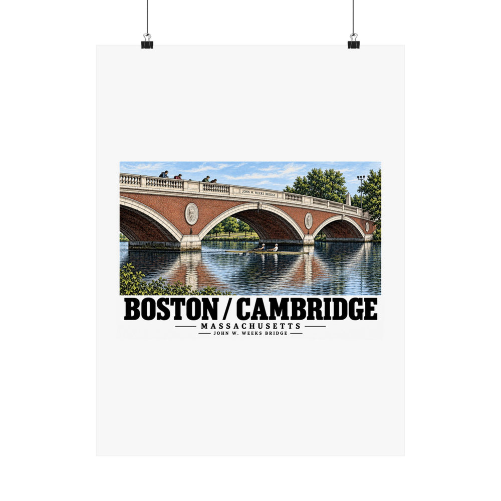 John W. Weeks Bridge and scullers poster with Boston/Cambridge lettering hanging from two binder clips