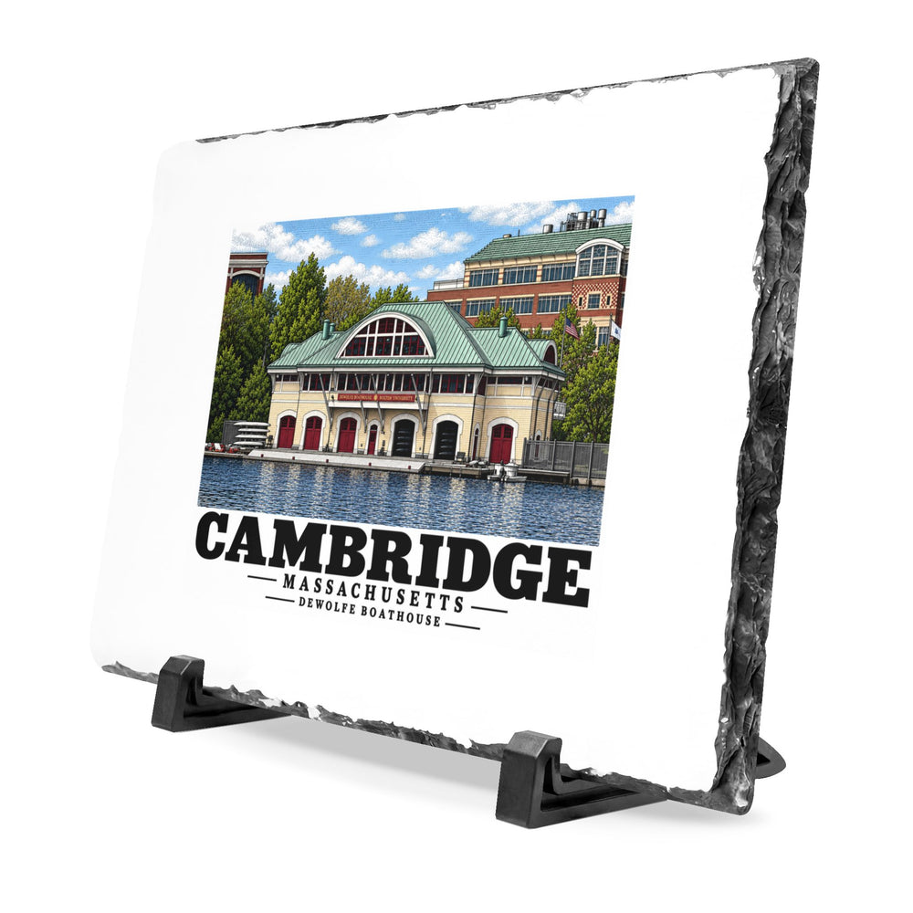 Angled view of the Cambridge DeWolfe Boathouse slate desk plaque on black stands.