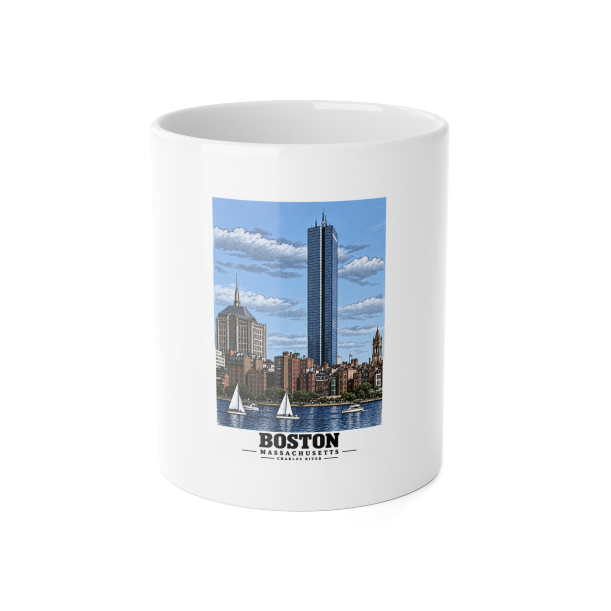 Illustrated Boston, Massachusetts, from the Charles River in Boston and Cambridge on ceramic mug