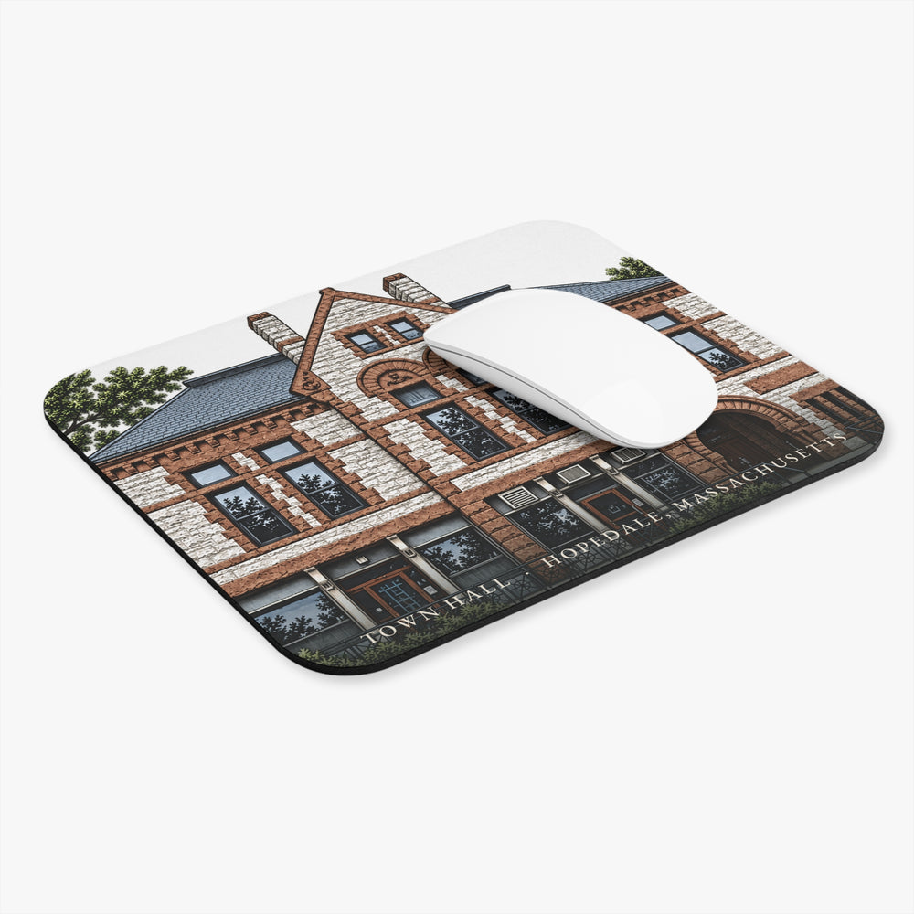 Hopedale Town Hall mouse pad shown on a desk with a mouse