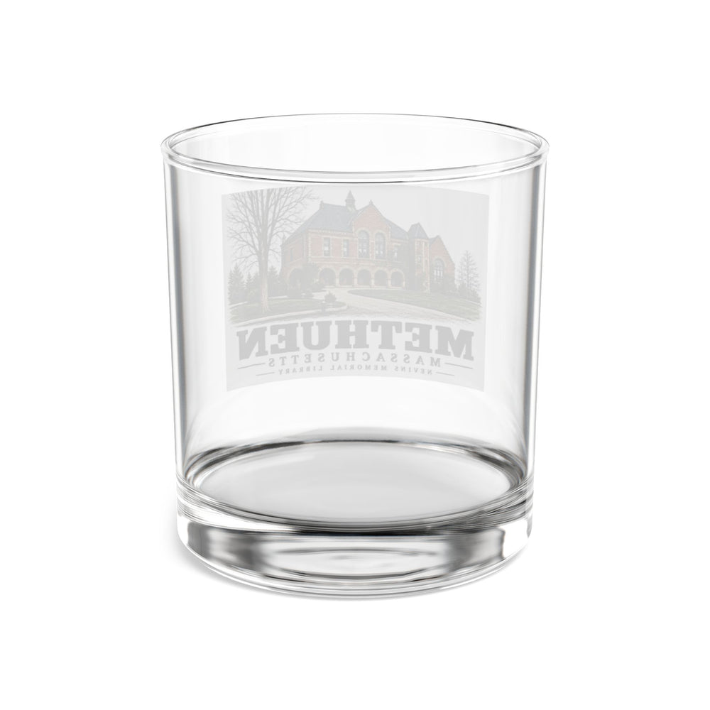 Transparent reverse of Nevins Memorial Library rocks glass, with Methuen, Massachusetts artwork and lettering.