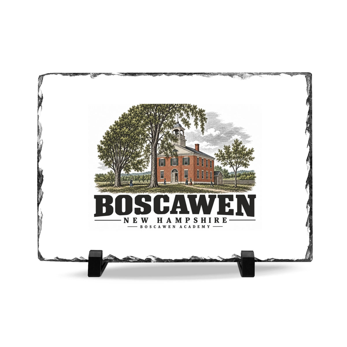 Front on display stands of Boscawen Academy slate desk plaque, with Boscawen, New Hampshire artwork and lettering.