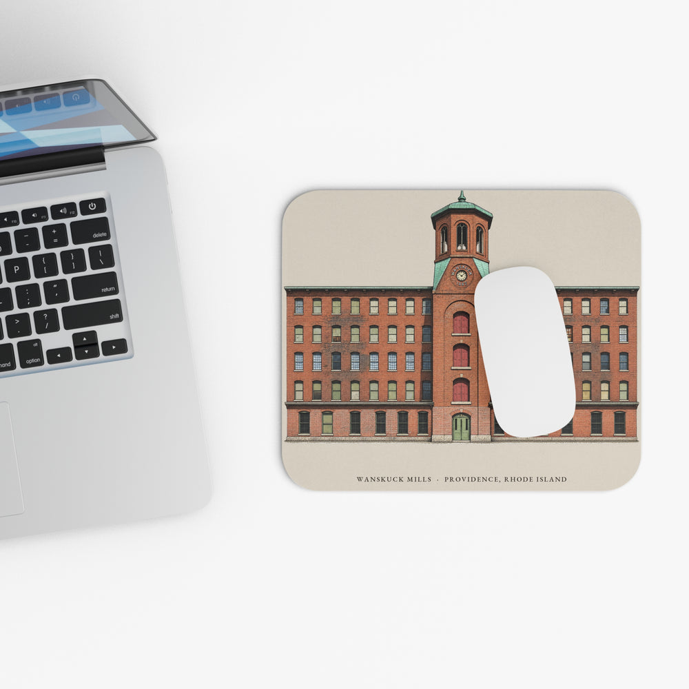 Providence Wanskuck Mills mouse pad mockup showing the full illustrated print