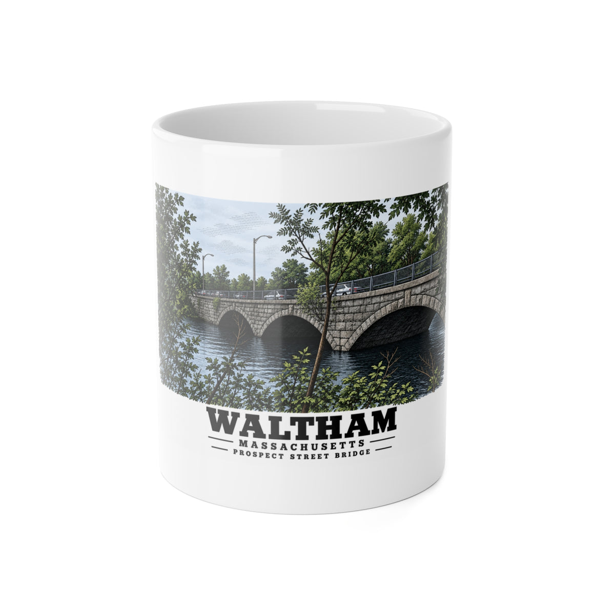 White mug showing Prospect Street Bridge stone arches and river artwork and Waltham lettering