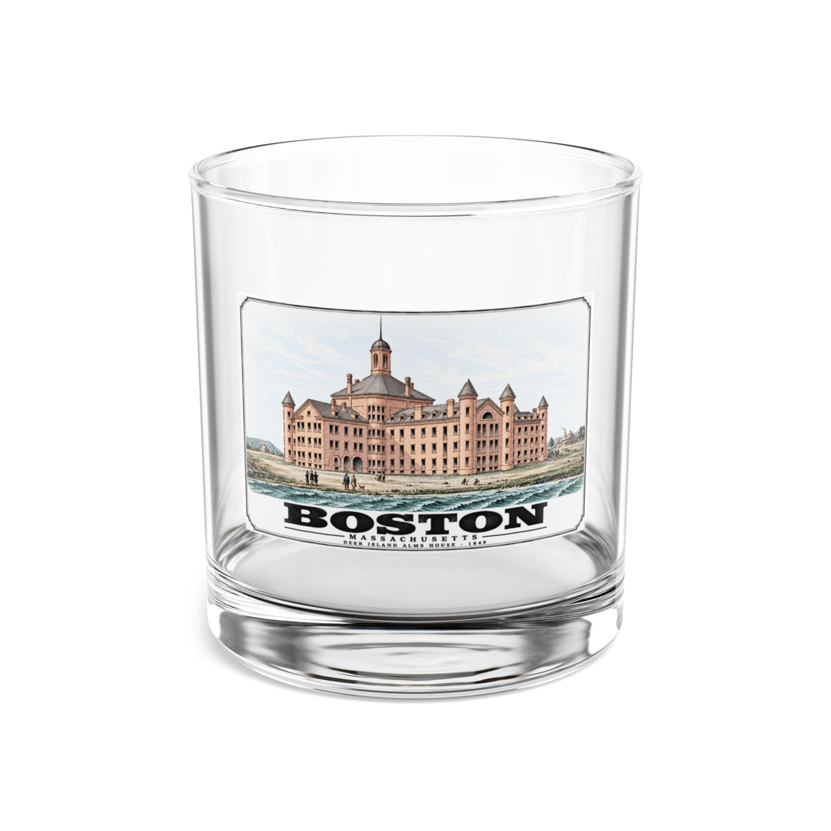 Clear rocks glass showing large symmetrical alms house building, grounds and figures artwork and Boston lettering