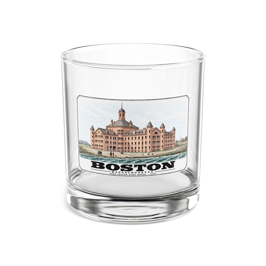 Clear rocks glass showing large symmetrical alms house building, grounds and figures artwork and Boston lettering