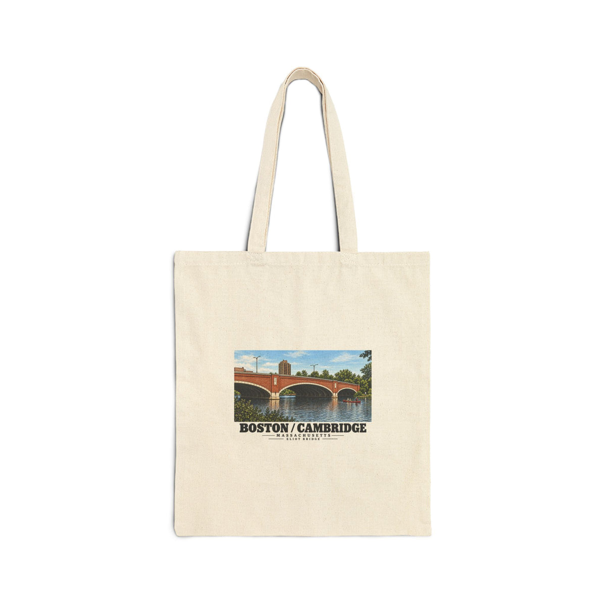 Natural fabric tote with Eliot Bridge red brick arches and boats artwork and Boston/Cambridge lettering