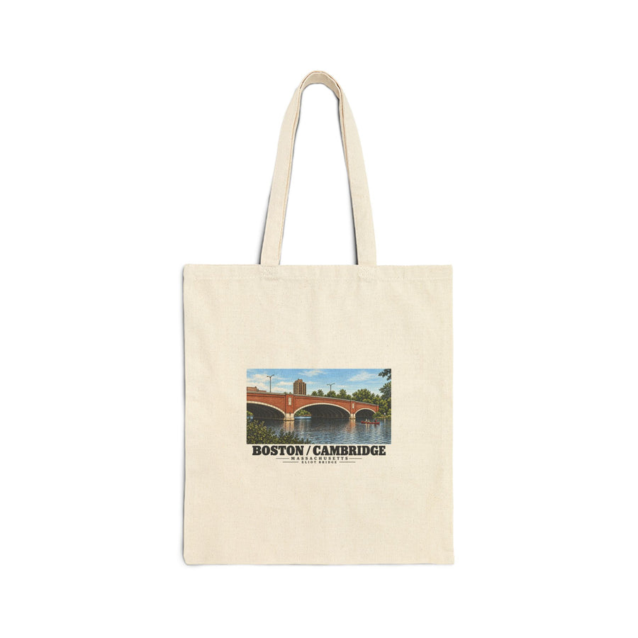 Natural fabric tote with Eliot Bridge red brick arches and boats artwork and Boston/Cambridge lettering