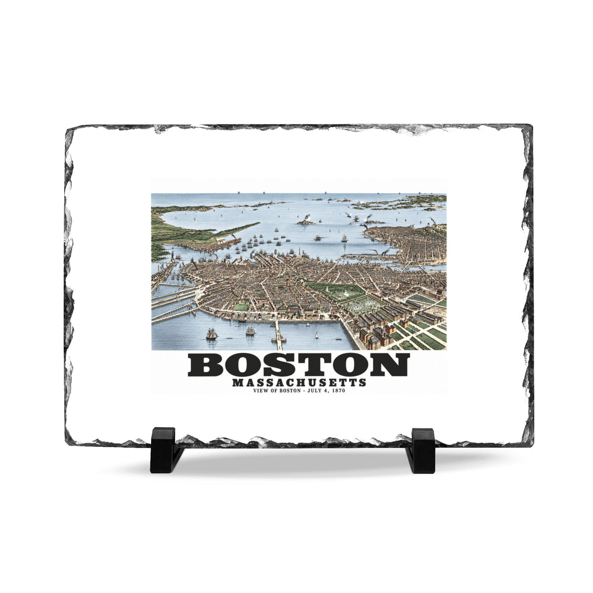 Rough-edged slate display on two black stands with historic Boston harbor panorama with boats and waterfront buildings artwork and Boston lettering