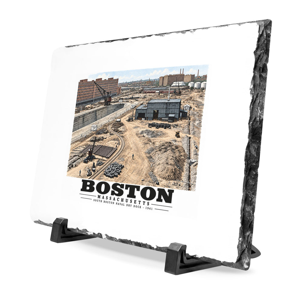 South Boston Dry Dock Area April 16-41 from roof of elevator shaft NW 7 × 11 in Slate Desk Plaque - Boston Harbor
