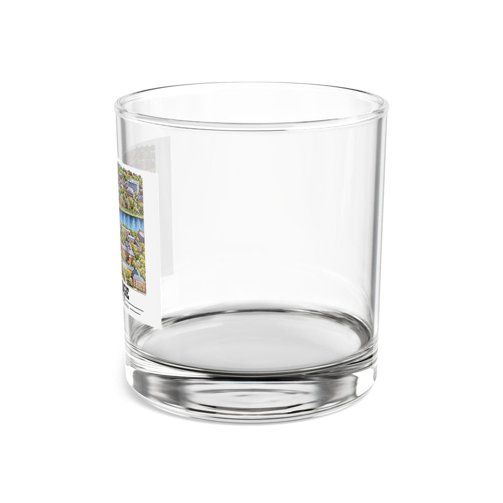 Side view of a clear rocks glass with part of the Cambridge design visible on the left.