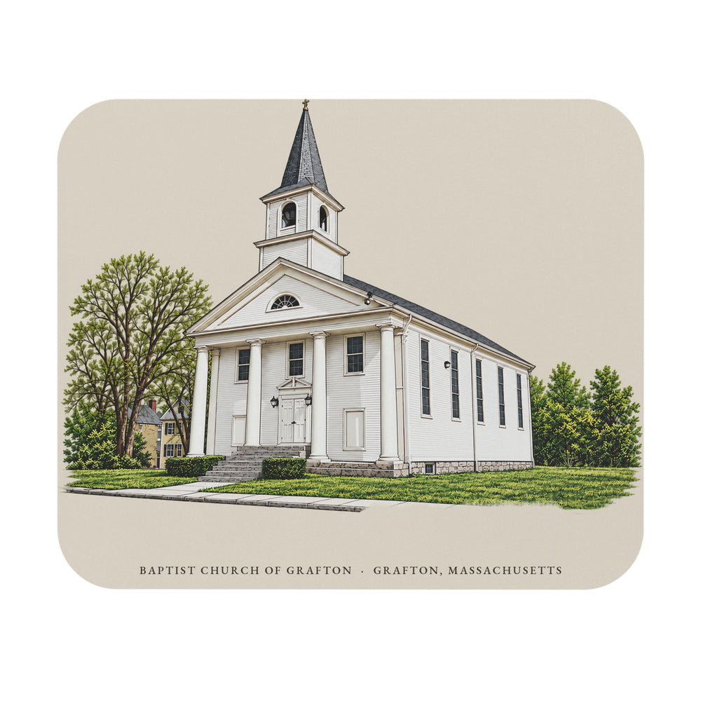 Grafton Baptist Church of Grafton mouse pad mockup showing the full illustrated print