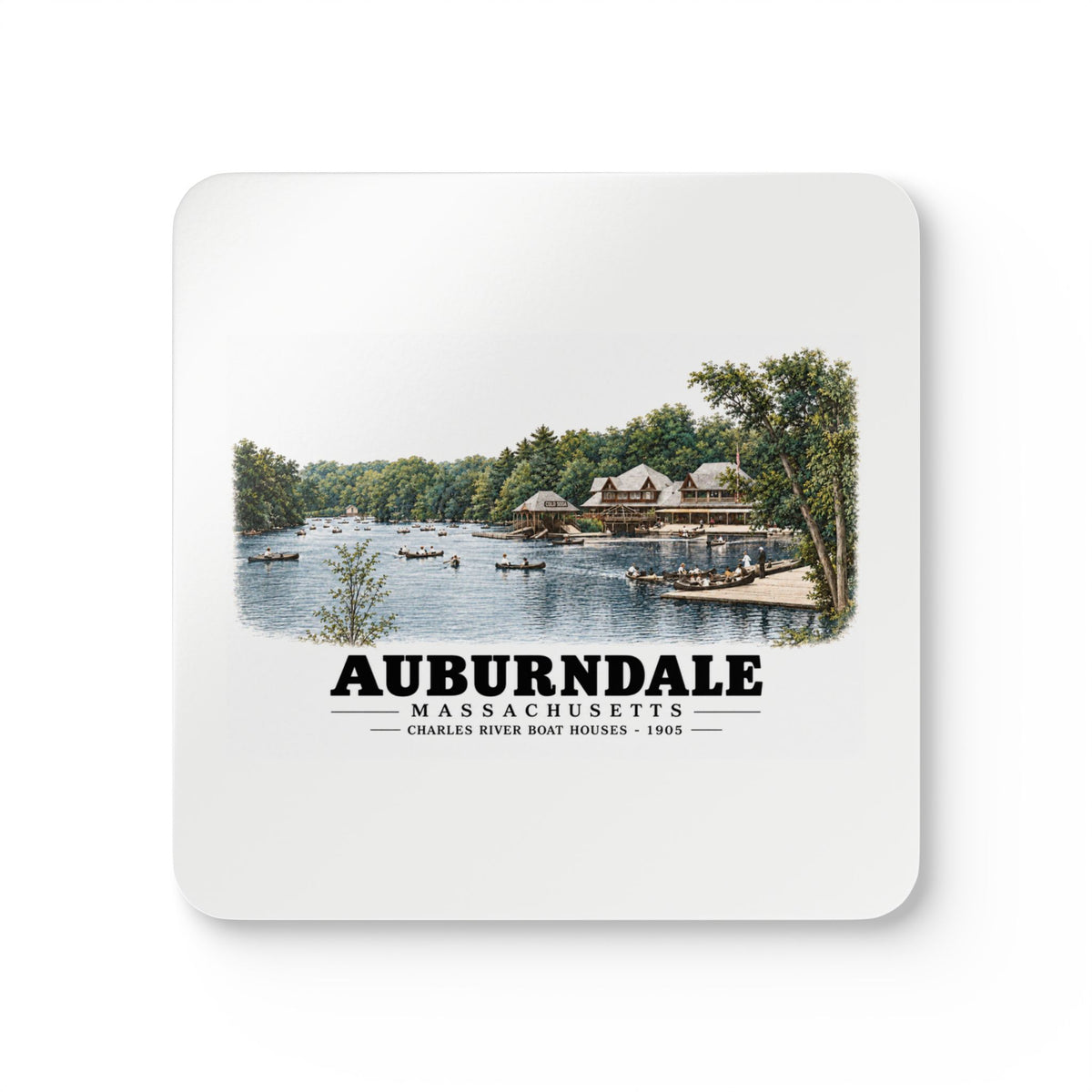 Norumbega Park shore, Charles River Lakes District, Auburndale Cork Back Coaster Set - Charles River