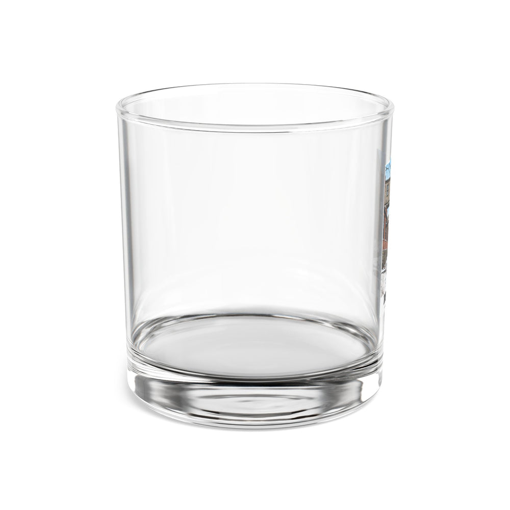 Right-side view of the clear 10 oz rocks glass, with Dedham mill artwork partly visible.