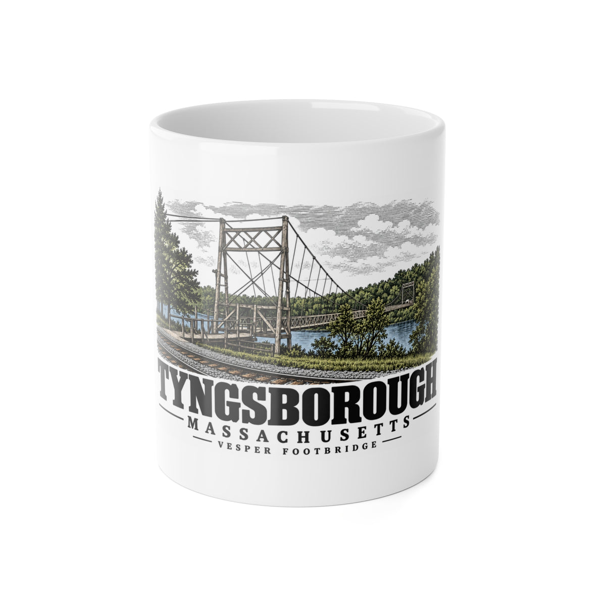 Tyngsborough Vesper suspension footbridge and railroad approach 11 oz White Ceramic Mug - Merrimack Valley Goods