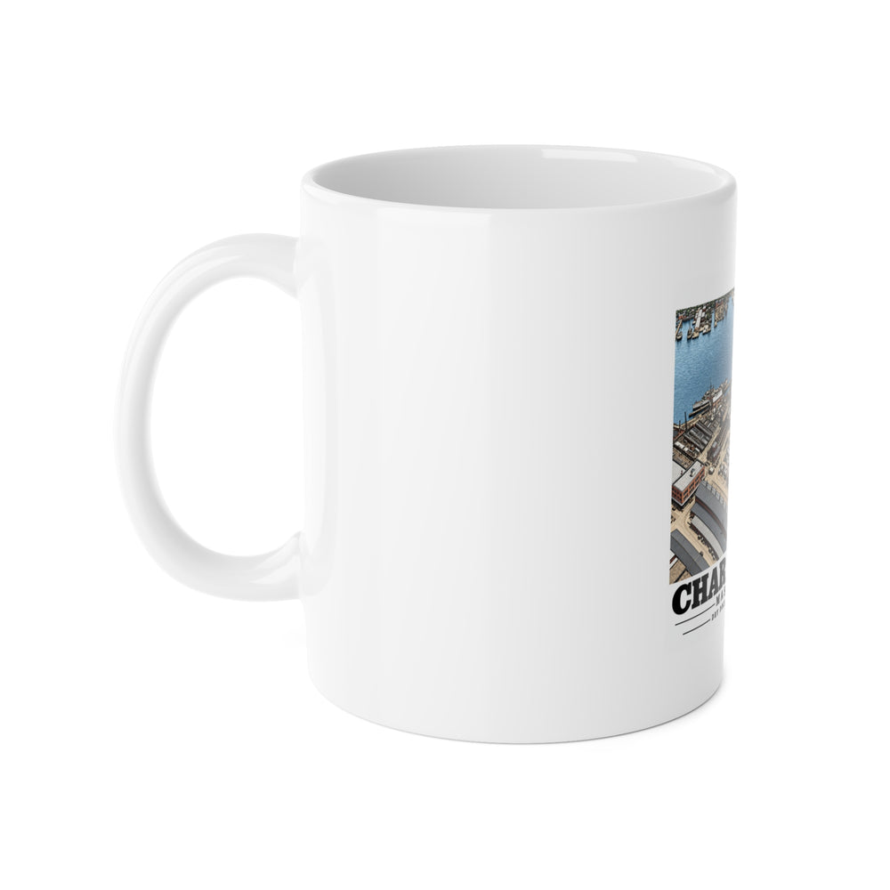 Left handle view of the Dry Dock 5 and Constitution Pier ceramic mug, with a partial view of the artwork.