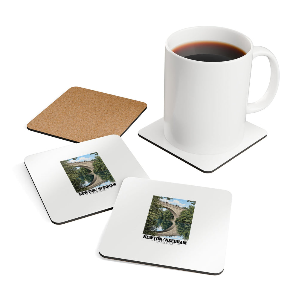 Coasters showing Echo Bridge portrait artwork beside a plain white mug of coffee and a coaster's cork reverse