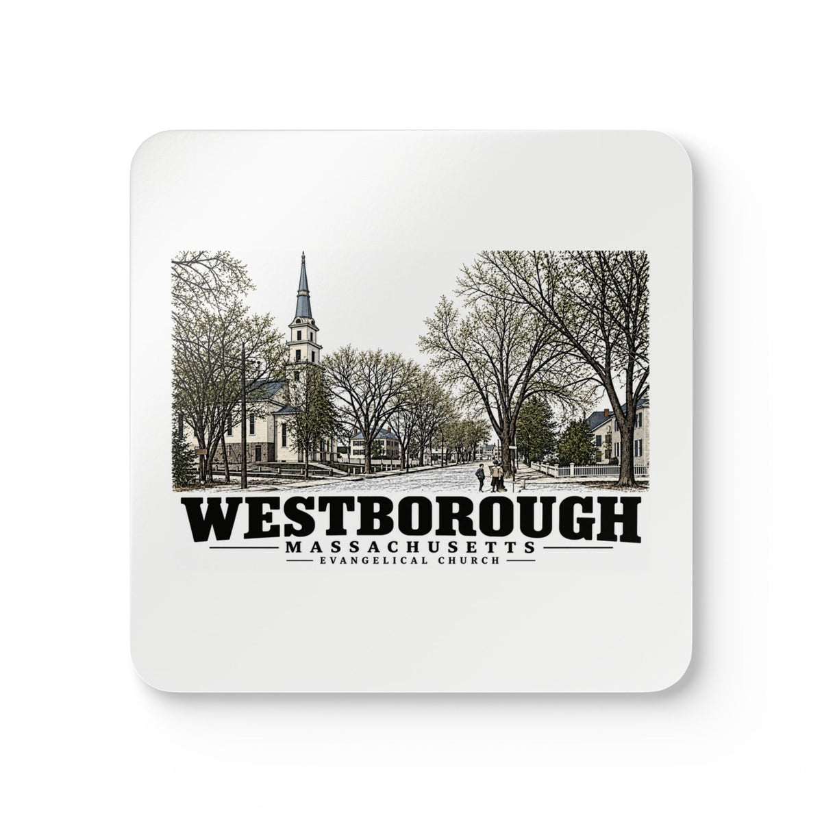 Illustrated Evangelical Church in Westborough on corkwood coaster set