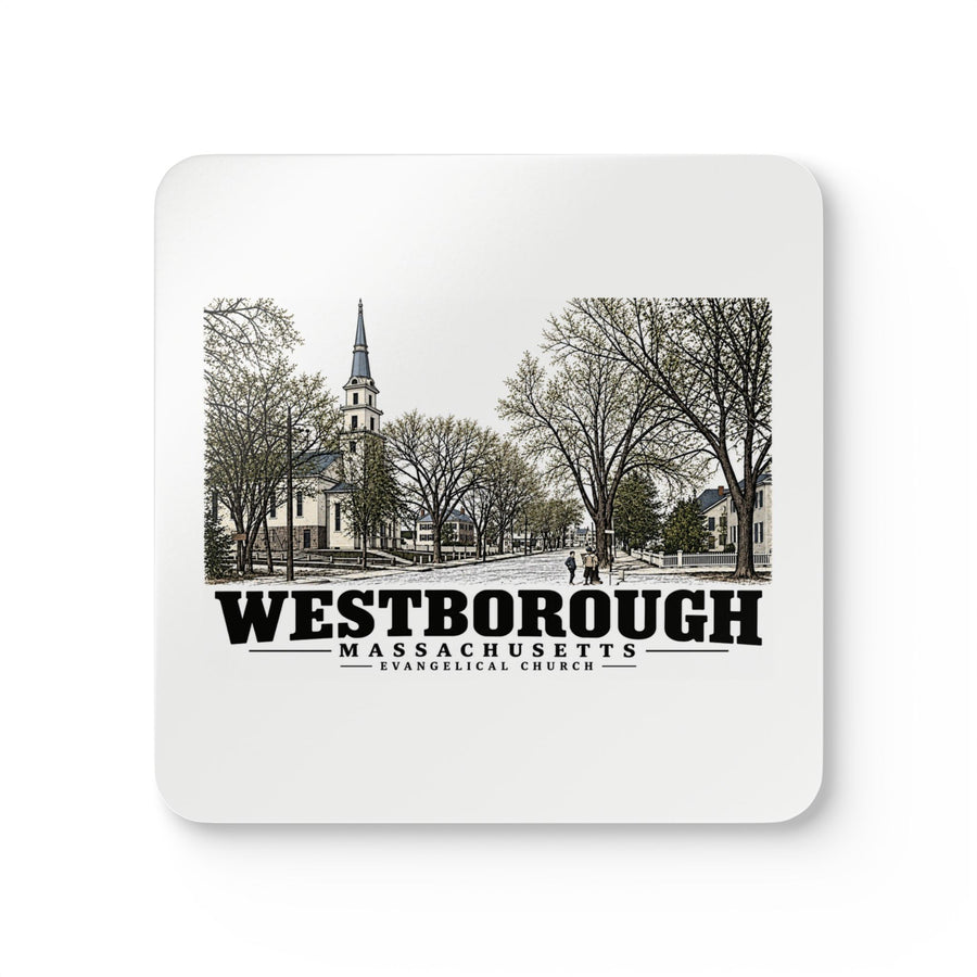 Illustrated Evangelical Church in Westborough on corkwood coaster set