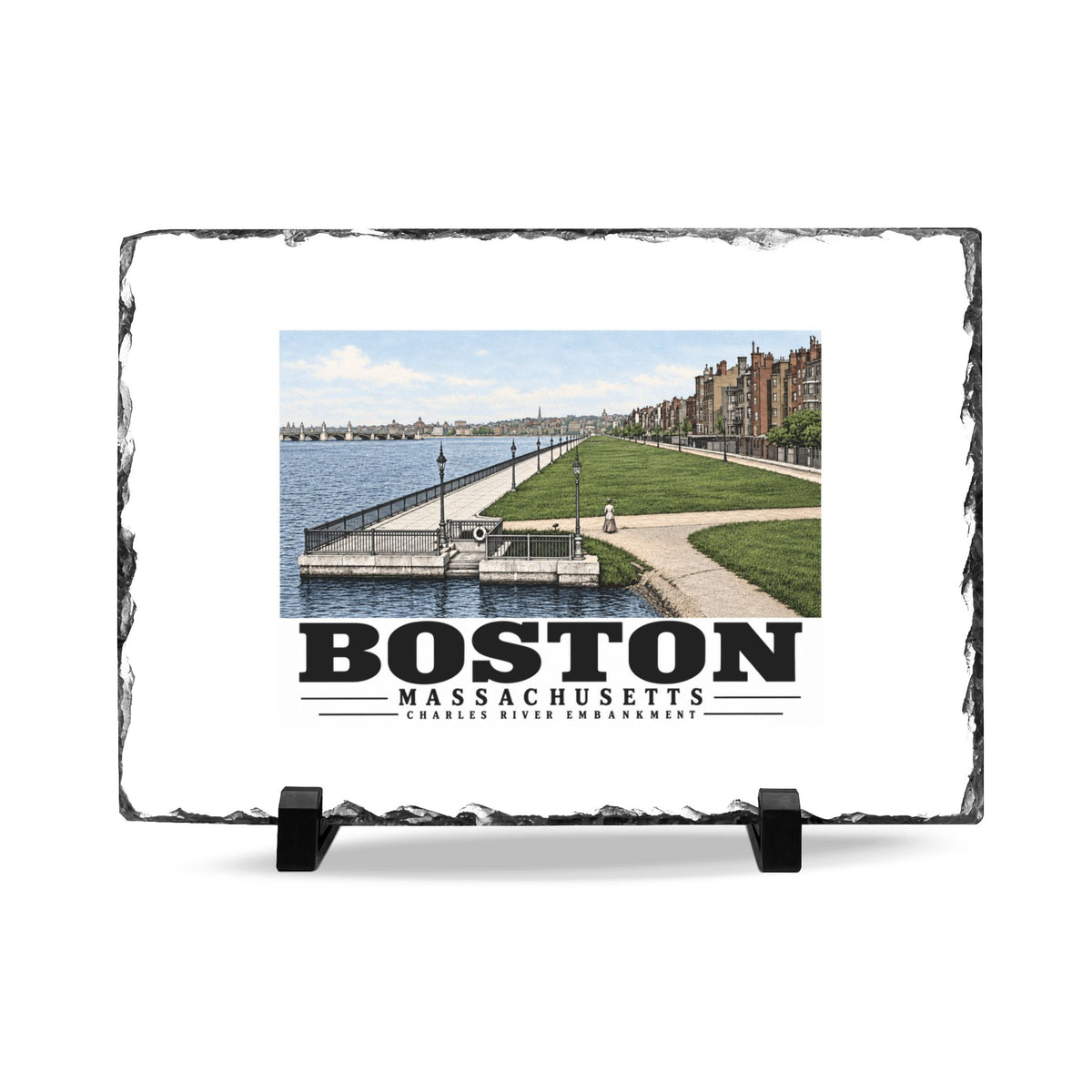Rough-edged slate display on two black stands with Charles River Embankment riverside path, lawn and buildings artwork and Boston lettering