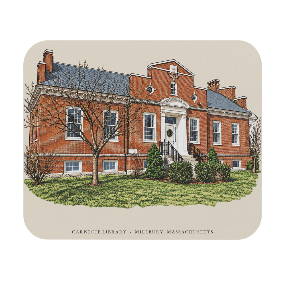 Millbury Carnegie Library mouse pad mockup showing the full illustrated print