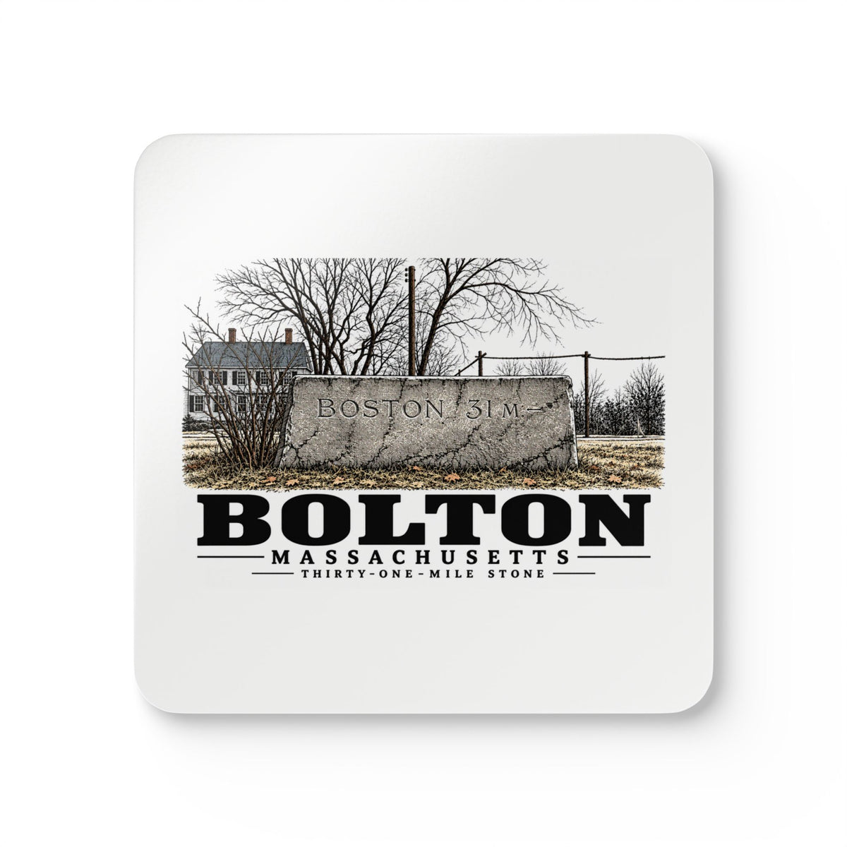 Illustrated Thirty-One-Mile Stone in Bolton on corkwood coaster set