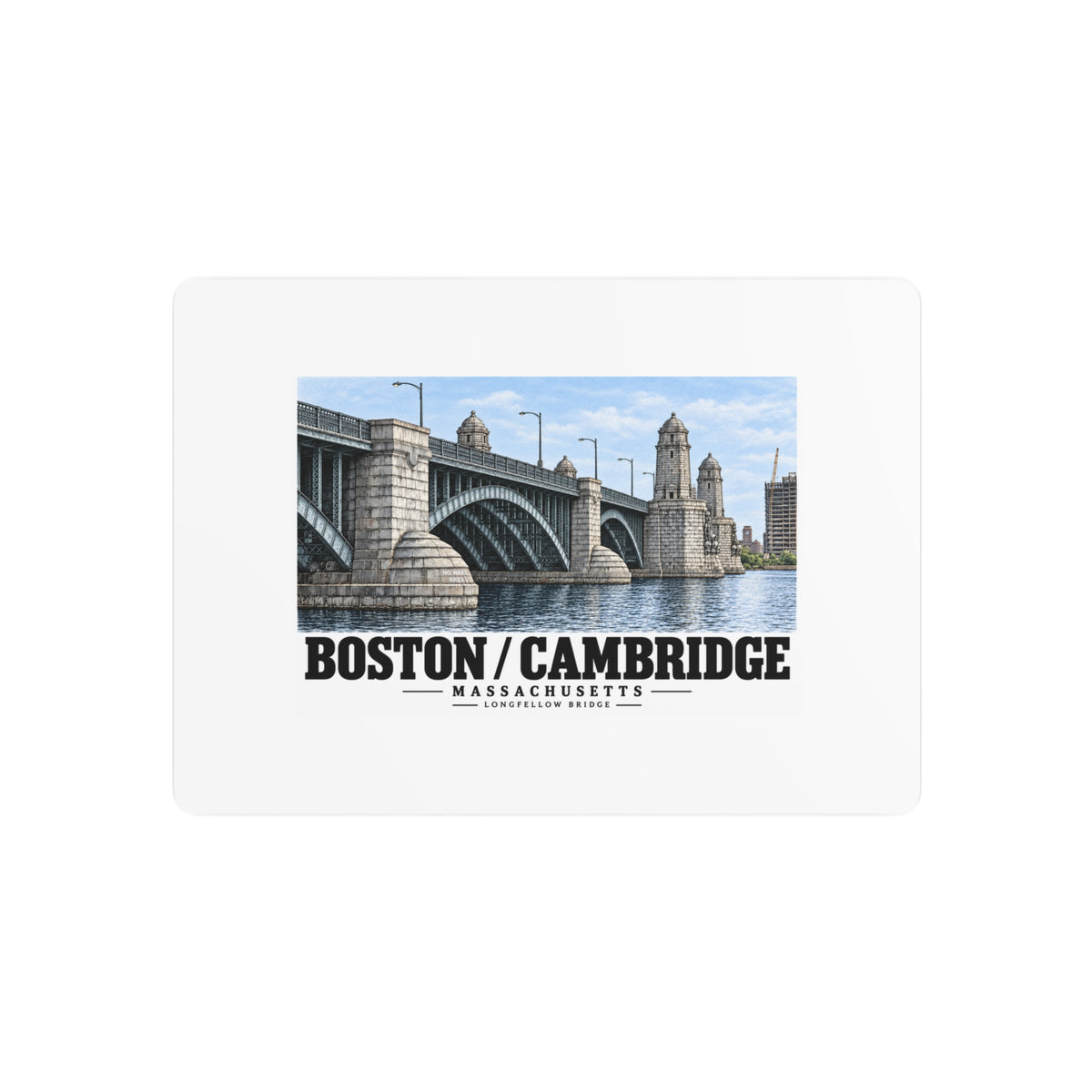 Metal wall art front with Longfellow Bridge artwork and Boston/Cambridge lettering.