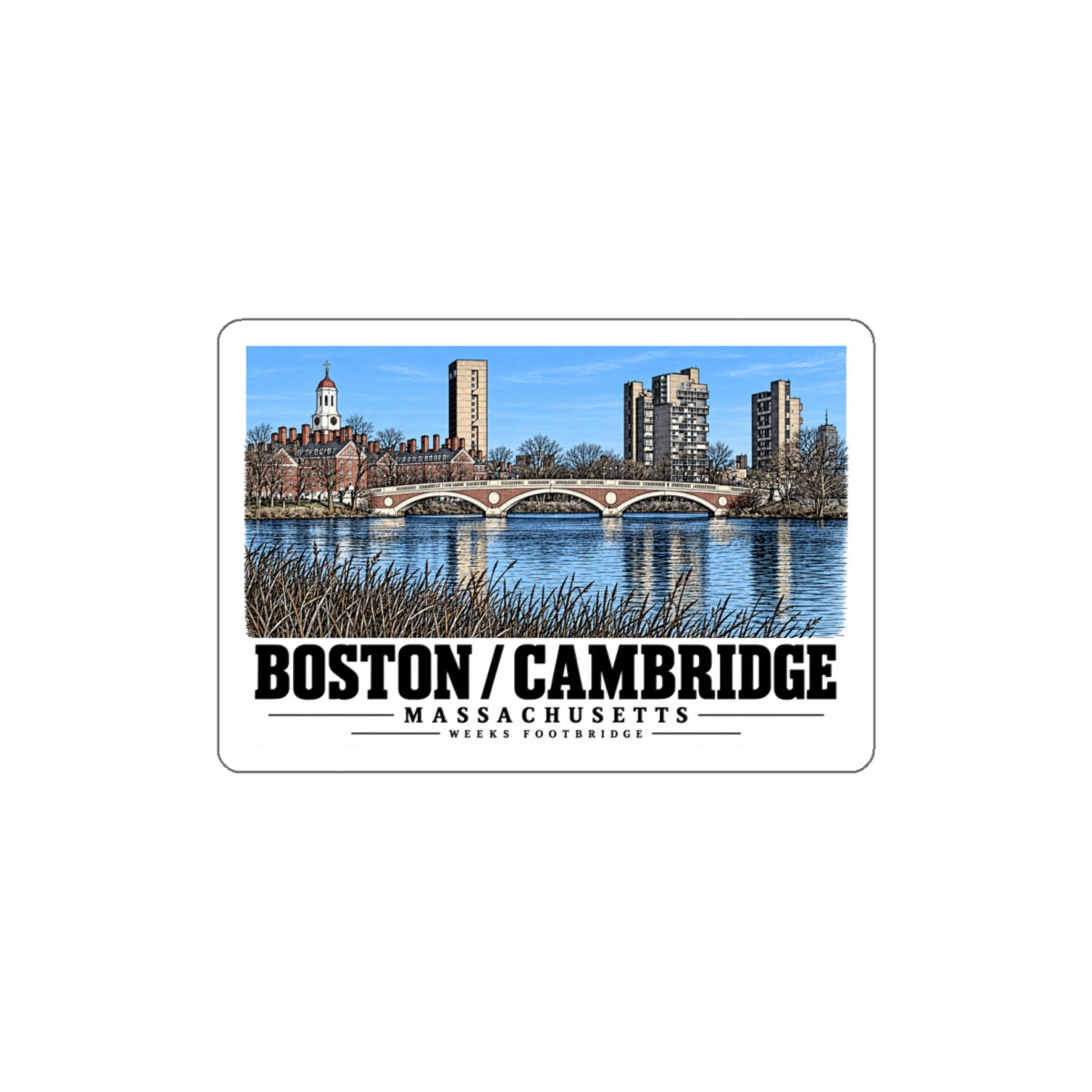 White bordered sticker showing Weeks Footbridge stone arches and riverside towers artwork and Boston/Cambridge lettering