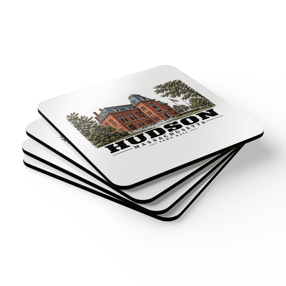 Illustrated Town Hall in Hudson on corkwood coaster set