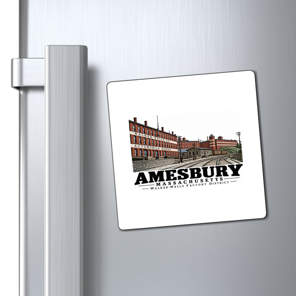 Refrigerator display of Walker-Wells Factory District square vinyl magnet, Amesbury, Massachusetts.