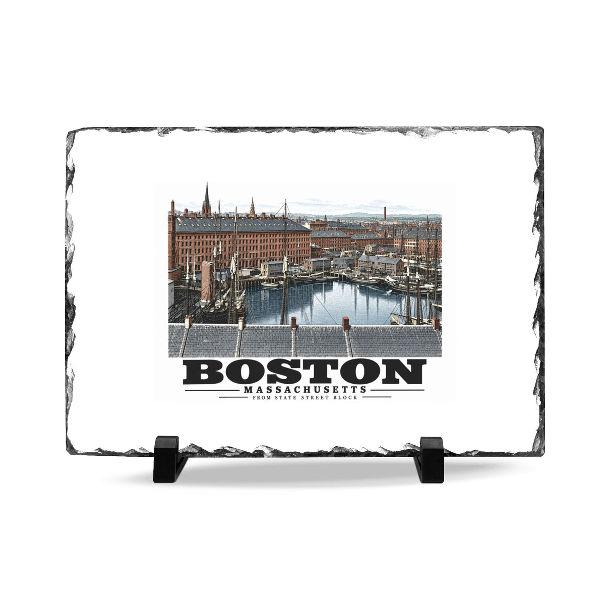 Rough-edged slate display on two black stands with Boston waterfront buildings, wharves, boats and harbor water artwork and Boston lettering