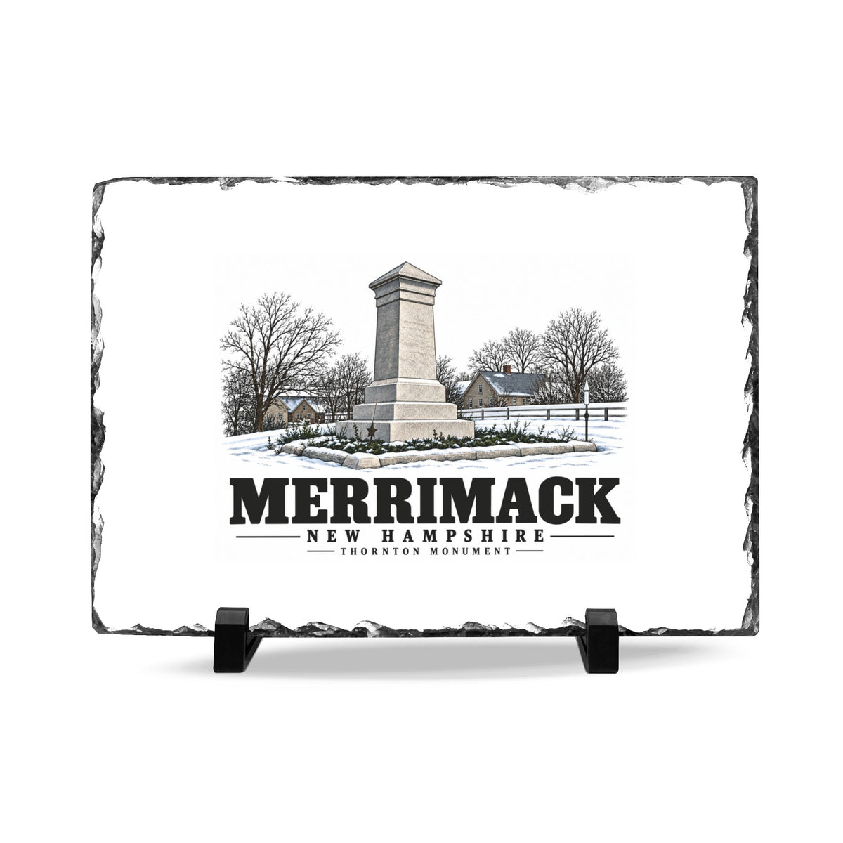 Front on display stands of Thornton Monument slate desk plaque, with Merrimack, New Hampshire artwork and lettering.