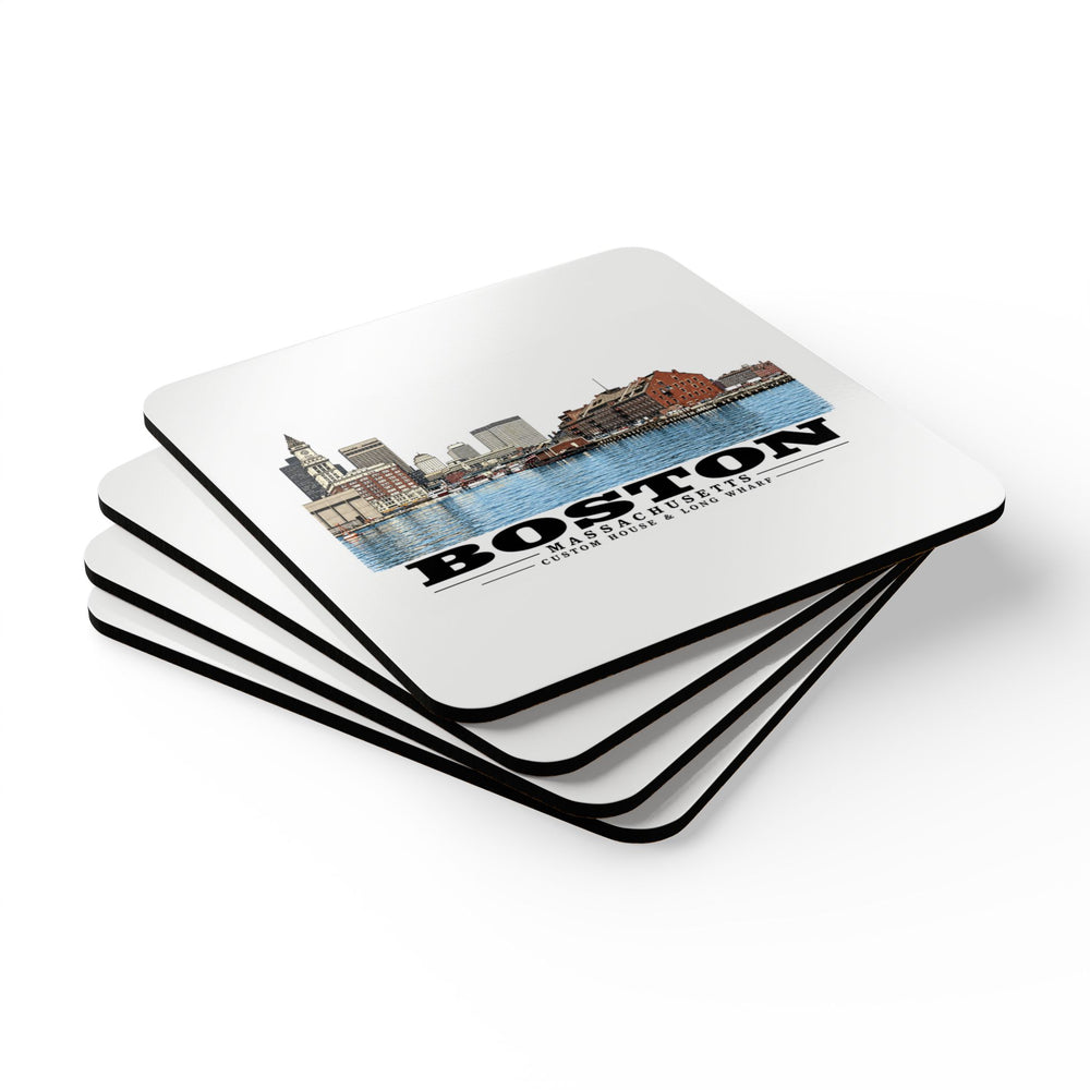 Custom House left to Long Wharf right Cork Back Coaster Set - Boston Harbor