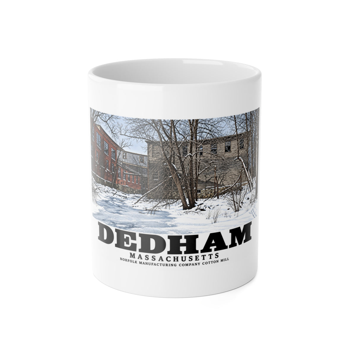 Illustrated Norfolk Manufacturing Company Cotton Mill in Dedham on ceramic mug