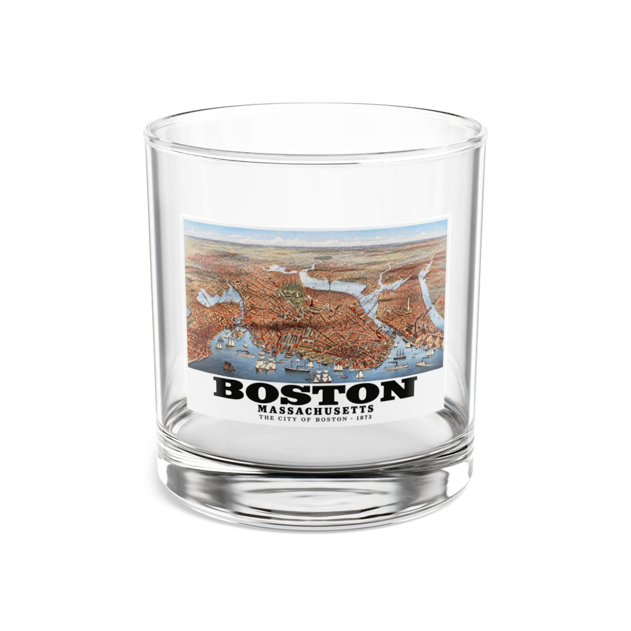 Clear rocks glass showing historic Boston city and waterways bird-eye panorama artwork and Boston lettering