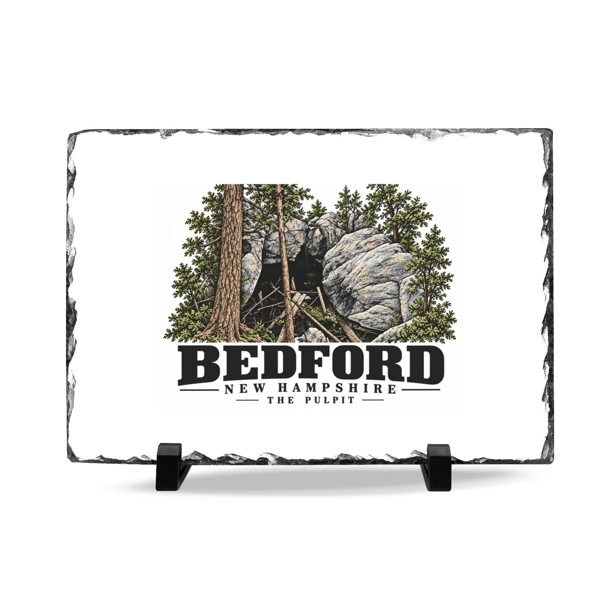 Front on display stands of The Pulpit slate desk plaque, with Bedford, New Hampshire artwork and lettering.