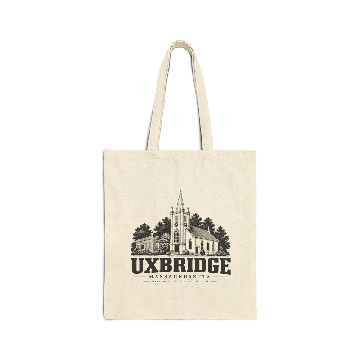 Natural canvas tote with Uxbridge Unitarian Church artwork, front view