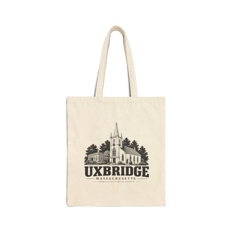 Natural canvas tote with Uxbridge Unitarian Church artwork, front view
