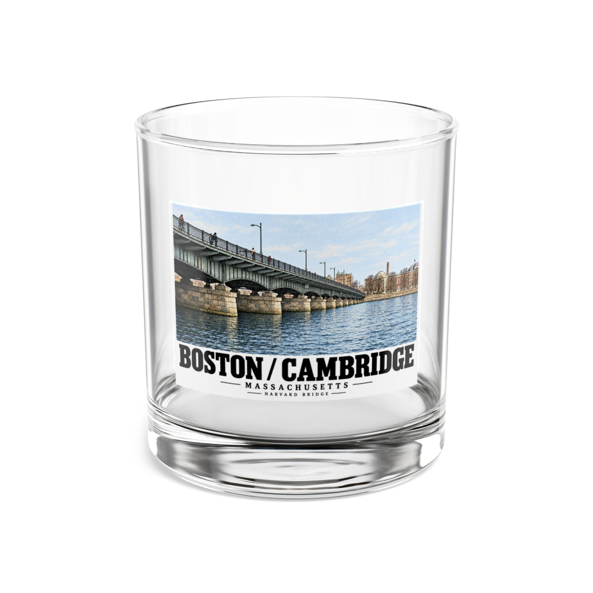 Clear rocks glass front with Harvard Bridge artwork and Boston/Cambridge lettering