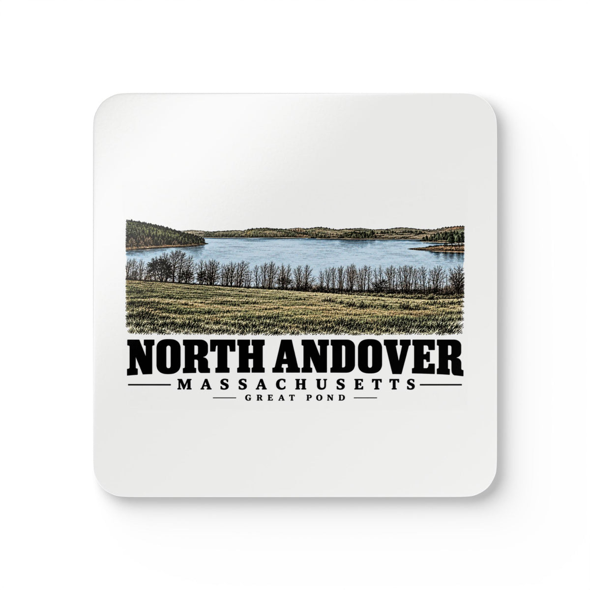 North Andover View of Great Pond, North Andover Cork Back Coaster Set - Merrimack Valley Goods