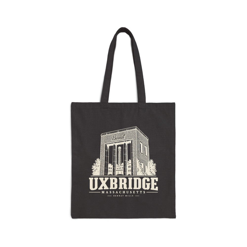 Black canvas tote with Uxbridge Bernat Mill artwork, front view
