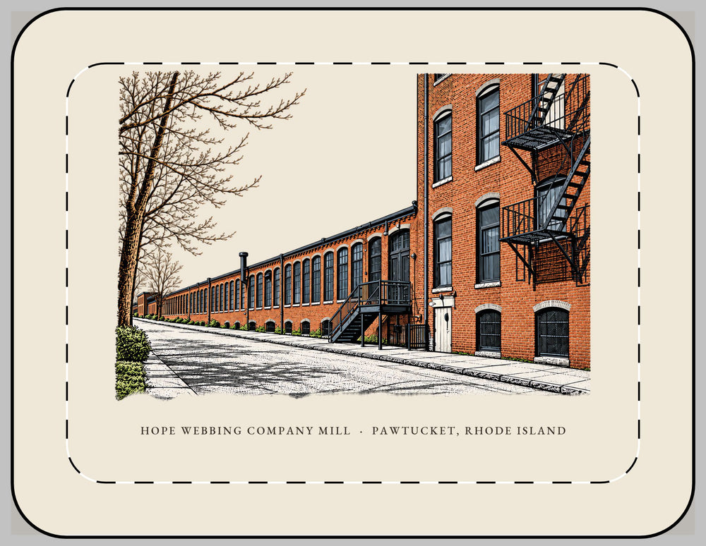 Pawtucket Hope Webbing Company Mill 13-inch laptop sleeve mockup showing the full illustrated print