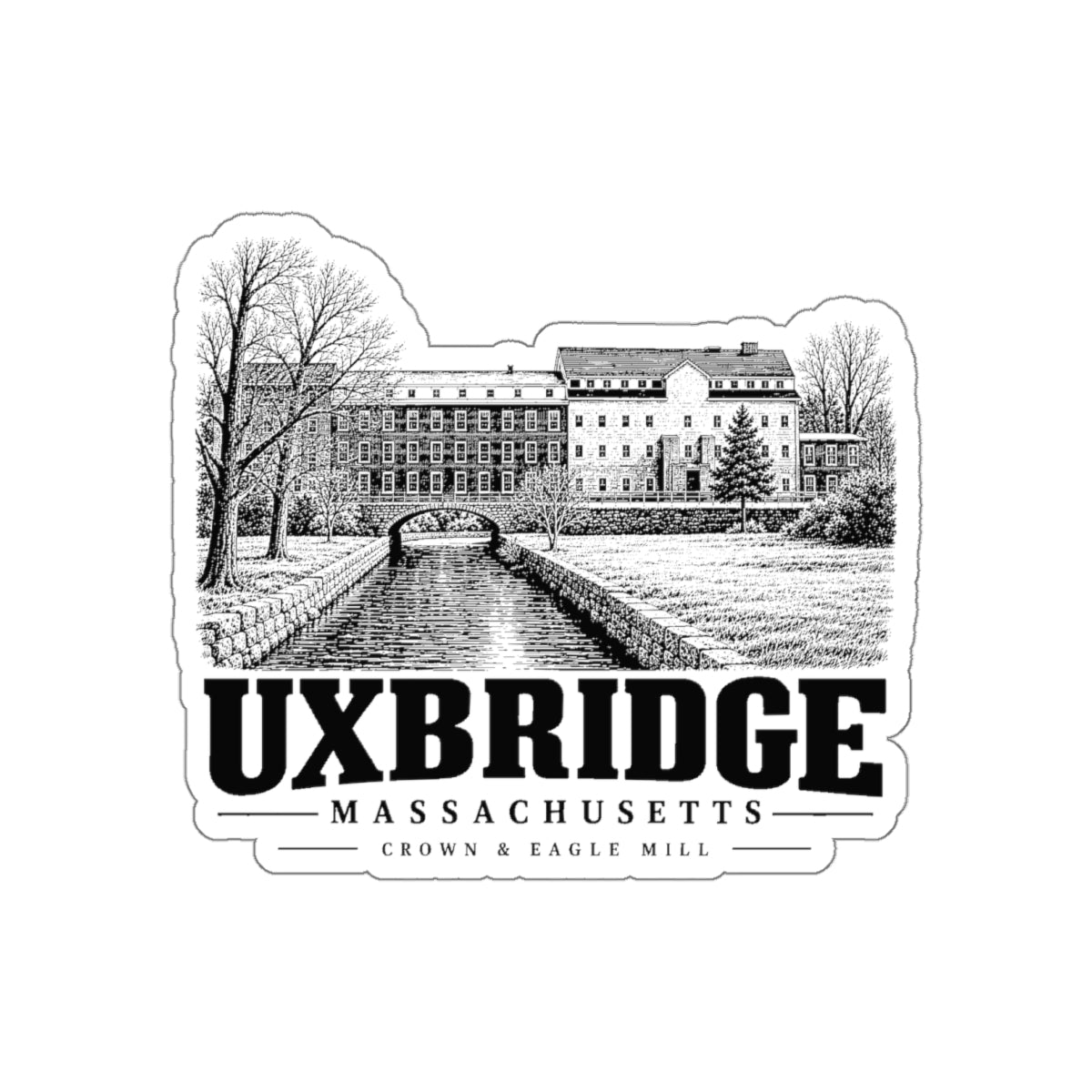 Uxbridge Crown & Eagle Mill 4-inch die-cut sticker, front product view