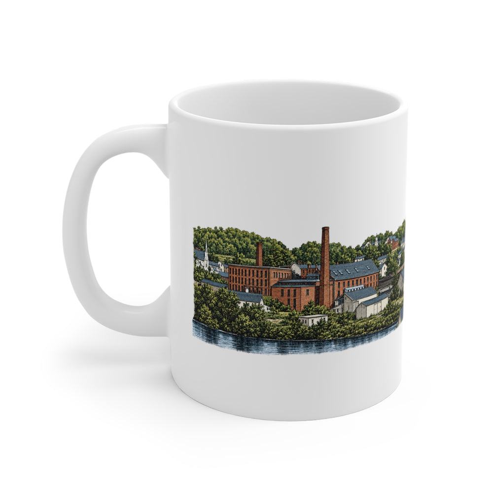 Douglas Hayward Mill 11 oz ceramic mug — lettering view, handle right — Familiar History