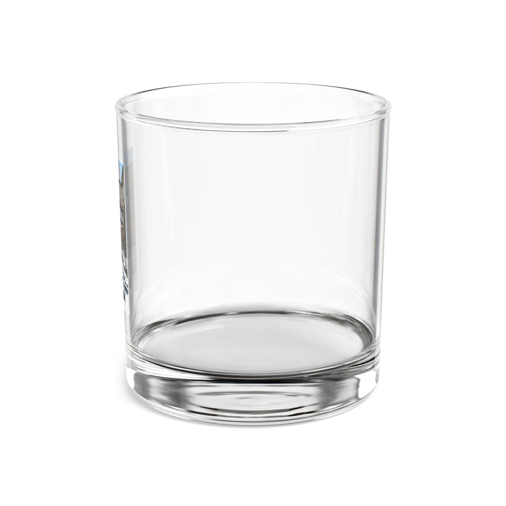 Left-side view of the clear 10 oz rocks glass, with Dedham mill artwork partly visible.